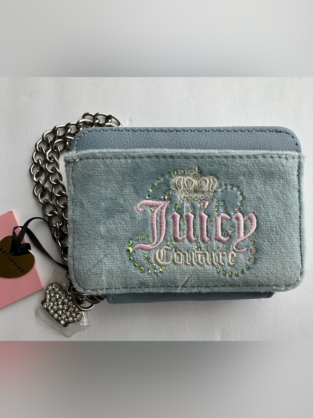 Juicy Couture Dream Juicy Square Zip Dusty Blue Velour Logo Chain Wallet